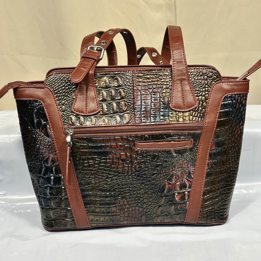 M.C. Handbag Womens Large Brown Croc Embossed Faux Leather Tote Excellent